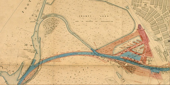 Detail from a plan by Sir John Coode (1879), showing the sharp northern bend in the Yarra, marked here as ‘Fishermans Bend’, which is to be replaced by the new canal (source: Map Collection, University of Melbourne)