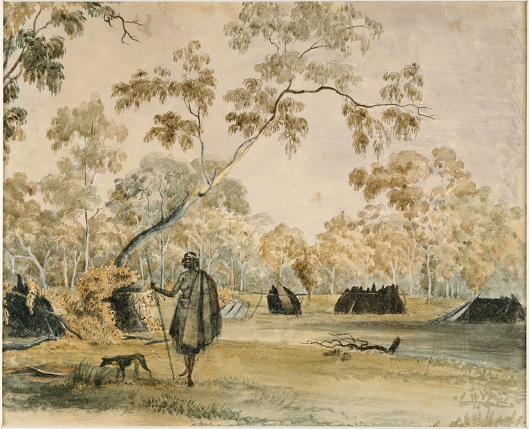 John Cotton, Aboriginal camp on the banks of the Yarra, c1845 (Pictures Collection, SLV)